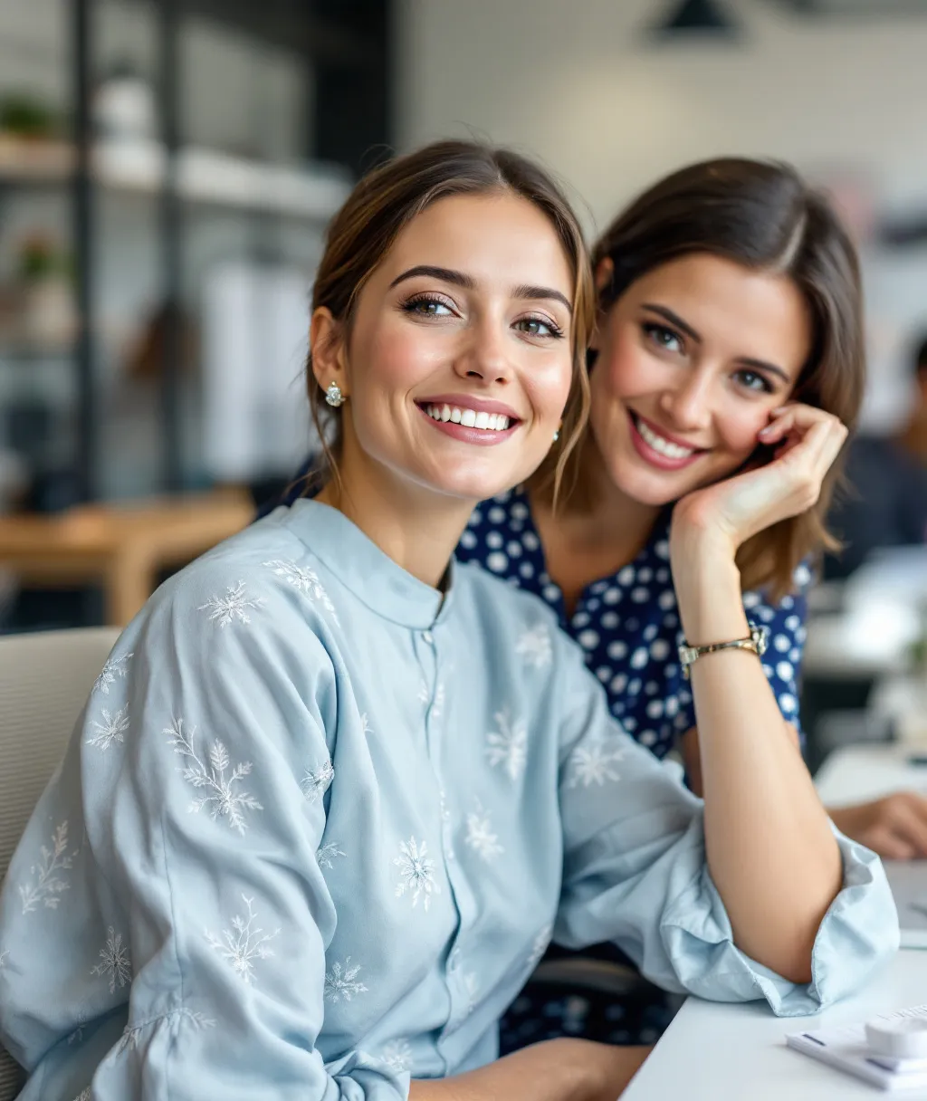 Prompt: In a bright, modern office environment, two women share a candid moment, highlighting a blend of professional and personal interaction. The woman in the foreground, dressed in a light blue embroidered garment with a neat nose stud, looks directly into the camera with a slight smile, exuding confidence and warmth. Behind her, another woman in a navy blue patterned outfit leans playfully on her hand, her expression suggesting amusement or intrigue as she observes the moment being captured. The setting is well-lit, featuring neutral colors that contribute to a friendly atmosphere, with both women seated at their desks, hinting at a workspace filled with collaboration and camaraderie. The image successfully conveys a sense of togetherness and lightheartedness amidst a professional backdrop.