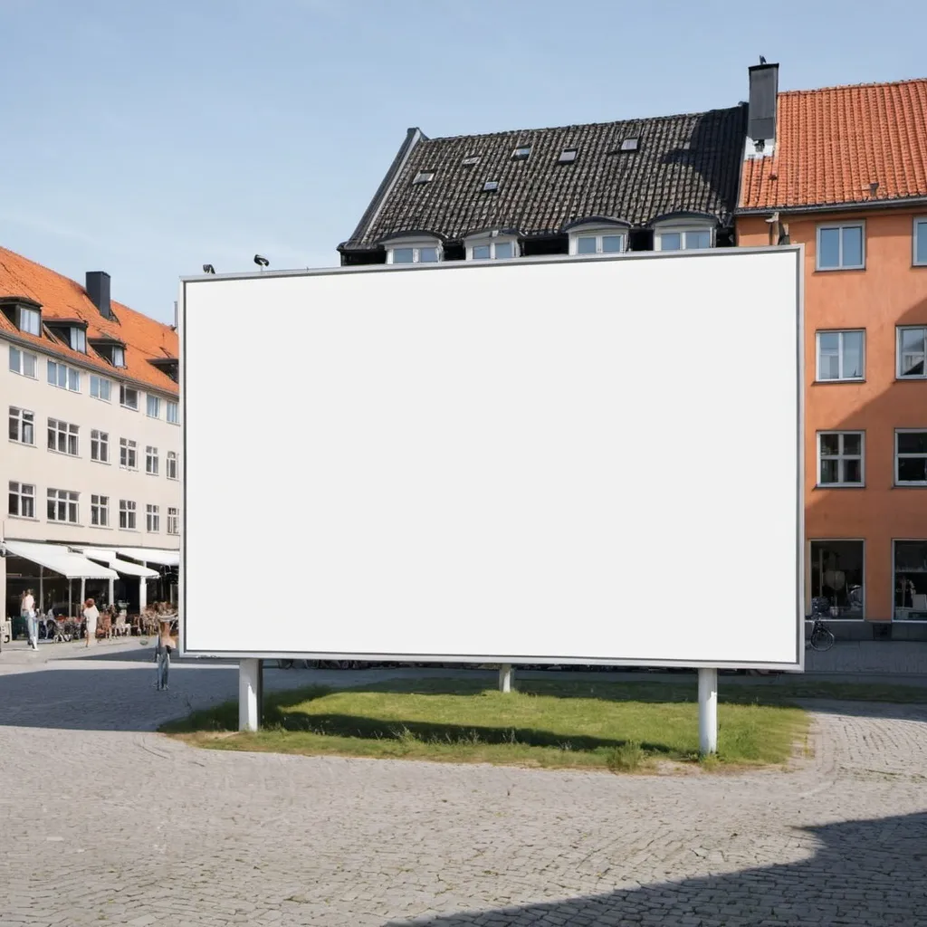 Prompt: Place a large white billboard somewhere in Aarhus, Denmark