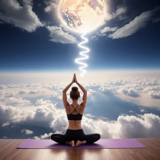 Prompt: Create a yoga teacher, on a cloud 9,  above the earth some nice lights - make a photo landscape 