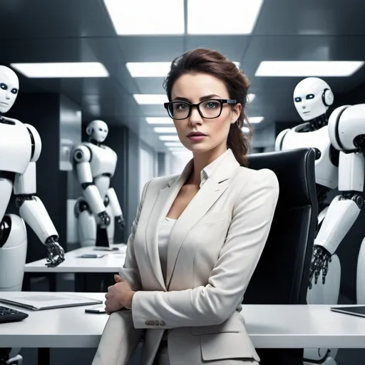 Prompt: Create an futuristic office with robots,and a lady with glasses - shes the boss