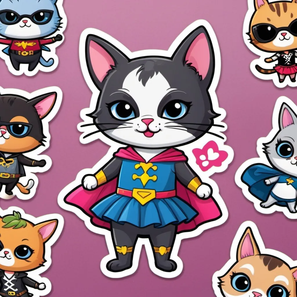 Prompt: Create stickers of Dress animal cartoons up in hilarious costumes. A cat as a superhero, a dog as a pirate, or a bunny as a ballerina.