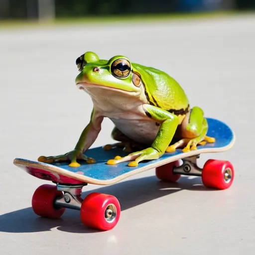 Prompt: frog siting on a skateboard