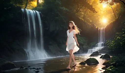 Prompt: At sunset.  A beautiful girl walks near a waterfall in the middle of a beautiful forest with a gentle breeze. A White dress