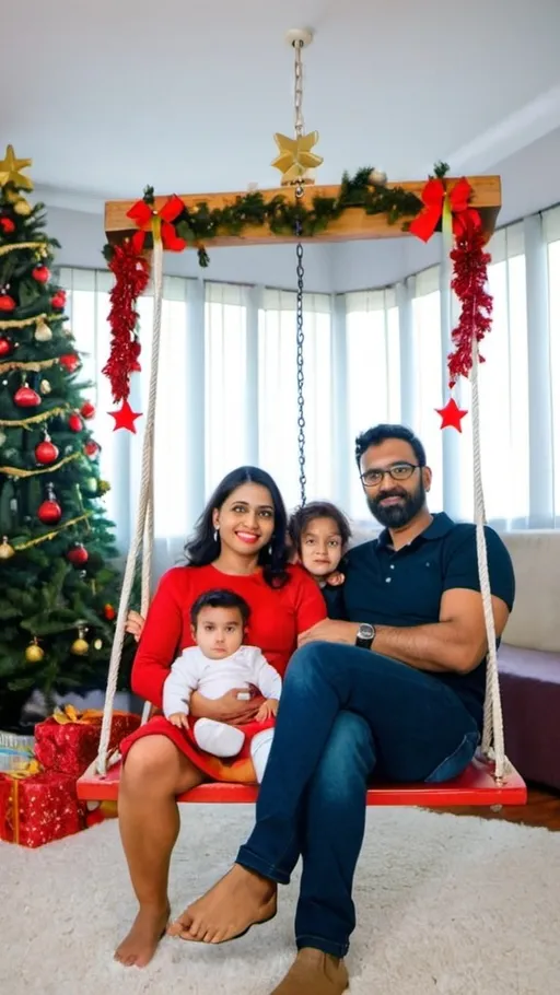 Prompt: a man and woman sitting on a swing with a child in front of them and a christmas tree in the background, Anthony Devas, incoherents, jayison devadas, a picture