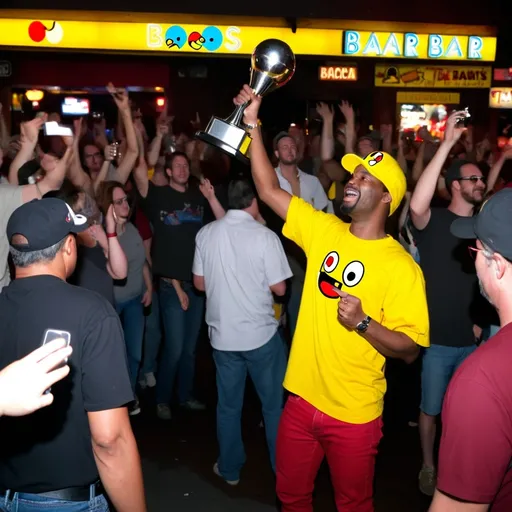 Prompt: Black guy, wearing a yellow pacman shirt and red jeans, holds a trophy over his head outside a crowded game bar