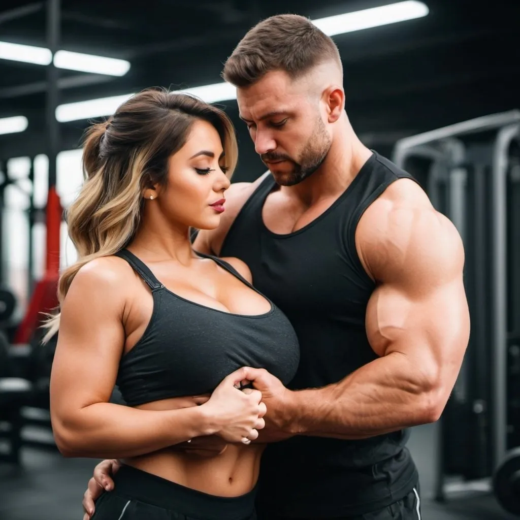 Prompt: a beautiful hot girl with a strong stocky muscular swole guy holding her from behind and choking her chest. The guy is pressing her chest from behind