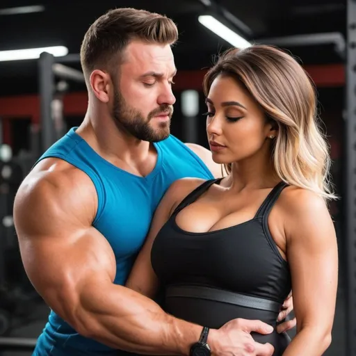 Prompt: a beautiful hot girl with a strong stocky muscular swole guy holding her from behind and choking her chest. The guy is pressing her chest from behind