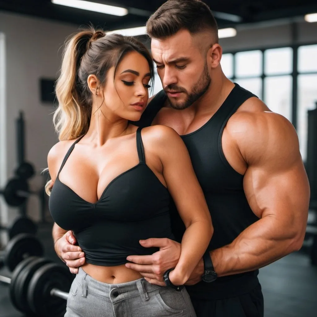 Prompt: a beautiful hot girl with a strong stocky muscular swole guy holding her from behind and choking her chest. The guy is pressing her chest from behind