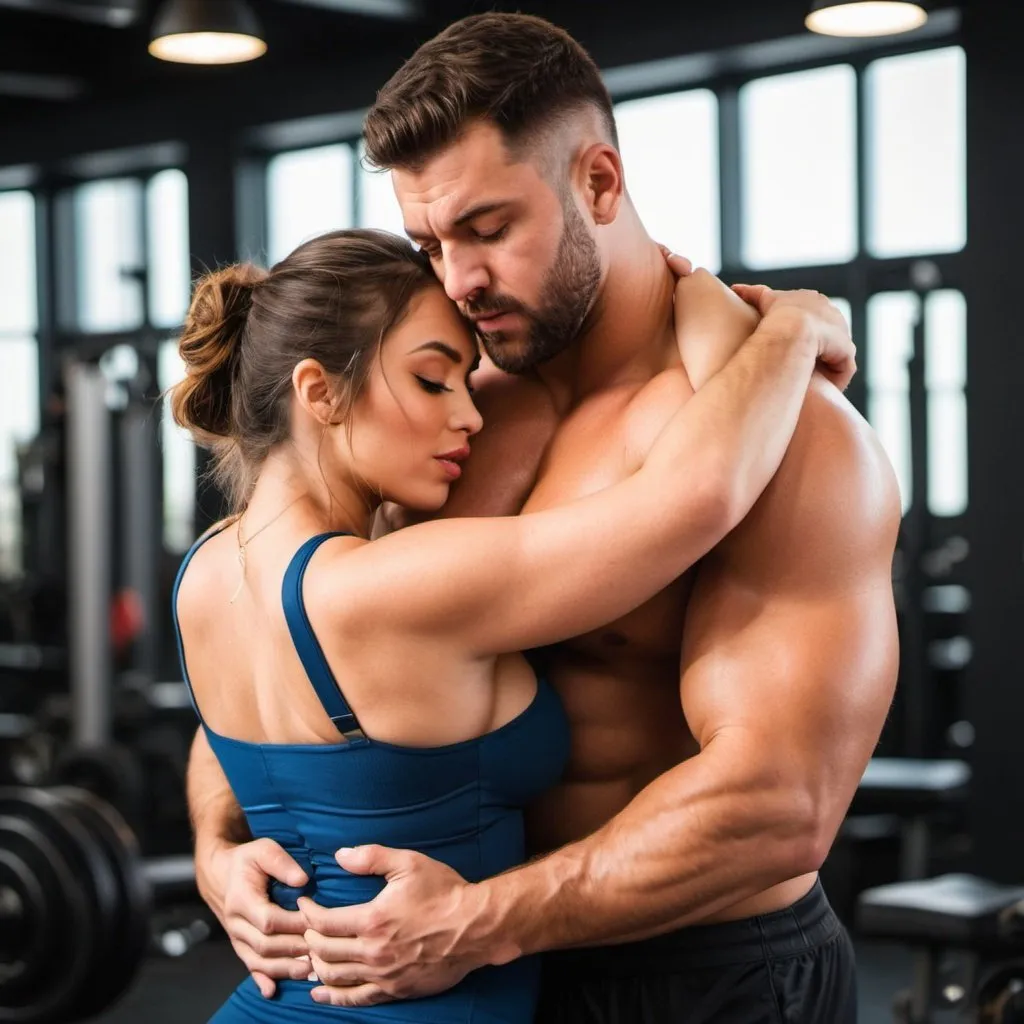 Prompt: a beautiful hot girl with a shirt-less strong stocky muscular swole guy holding her from behind and choking her chest. They are in a hot moment. The guy is pressing her chest from behind