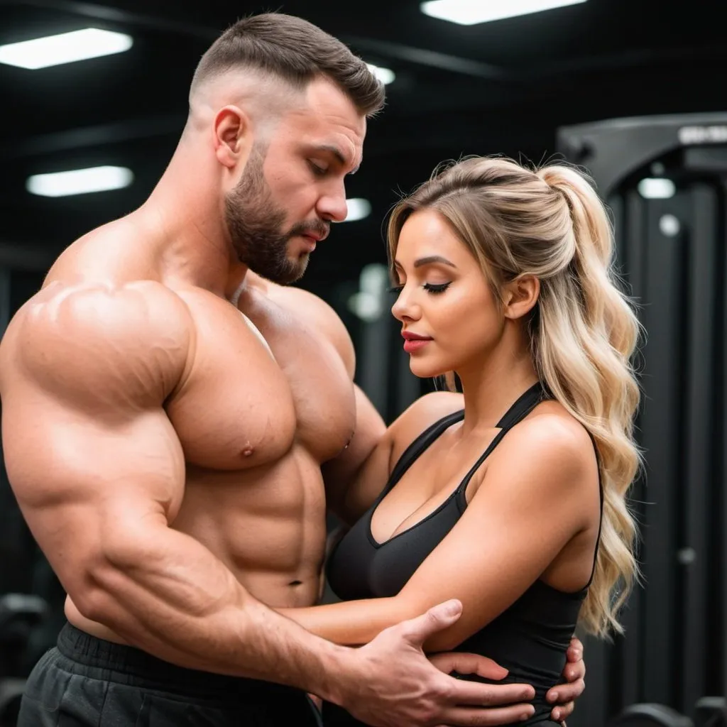 Prompt: a beautiful hot girl with a strong stocky muscular swole guy holding her from behind and choking her chest. The guy is pressing her chest from behind