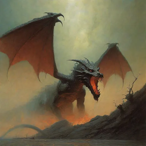 Prompt: 
sci fi, Supernatural dragon spitting firel , eldritch horror, Zdzislaw Beksinski 