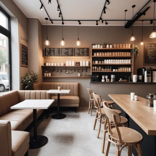 Prompt: Modern cosy coffee shop in neutral colors
