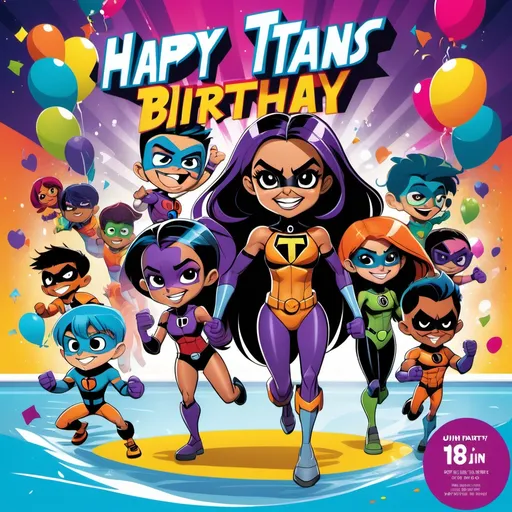 Prompt: Colorful birthday invitation visual, featuring Teen Titans family characters, vibrant and dynamic design, playful font, animated style, illustrated details, themed elements from Teen Titans, cheerful ambiance, venue :- float house pool party setting in Mulund, clear date "19 Jan 2025", exciting phrases—“It's gonna be epic!” and “Join the Titans!”—inviting, kid-friendly layout, bright colors, eye-catching imagery, 4K ultra-detailed.