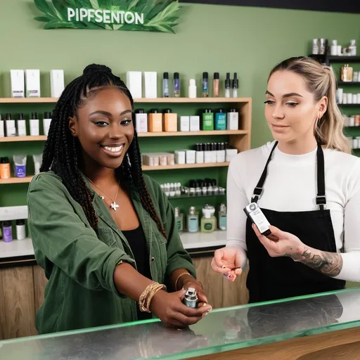 Prompt: a woman standing at a dispensary counter with a helpful budtender showing her different vape products
