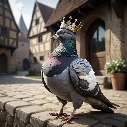 Prompt: Majestic pigeon in knight armor, royal crown, stepping on a big worm, in medieval village, detailed feathers, regal profile, highres, medieval, royal vibes, armor details, village setting, atmospheric lighting, pigeon have royal crown