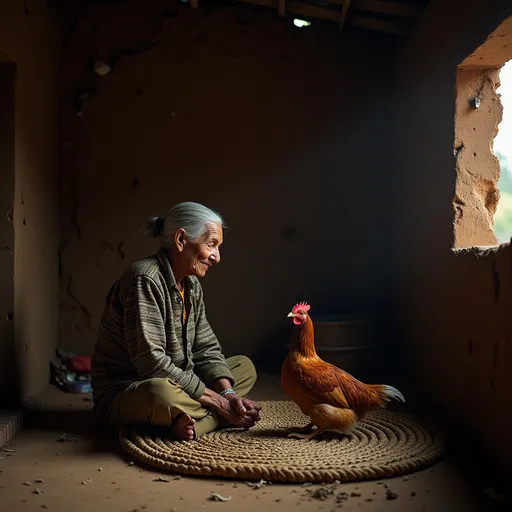 Prompt: Inside a poor rural Indian hut, an old woman is sitting on a woven mat, talking softly to a brown hen sitting beside her. Dim natural light through a small window, humble setting with clay walls, a warm emotional tone.


