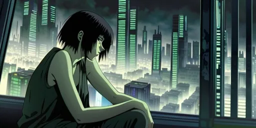 Prompt: In a dimly lit, futuristic urban landscape, a solitary figure sits pensively by a window, gazing out at the sprawling city below. The character, with short dark hair and an expression of contemplation, wears a simple, loose-fitting shirt, adding to the atmosphere of introspection. Towering structures with glowing accents and intricate details fill the background, creating a sense of a densely populated and technologically advanced metropolis, shrouded in hues of green and shadow. The angle of the scene emphasizes the character's isolation against the massive, cold cityscape, evoking feelings of solitude and reflection amid the bustling complexity of life outside. The artwork captures a mood that blends melancholy with the intrigue of a cyberpunk world, inviting viewers to ponder the character's thoughts and experiences.