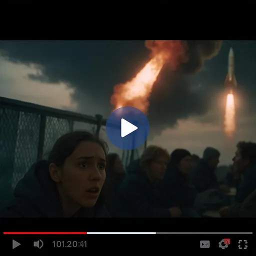 Prompt: Make me a video of missiles being sent from the sky and people being in shelters scared.