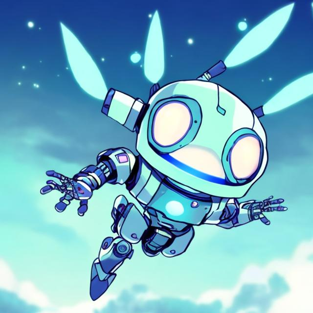 Prompt: friendly cute robot flying