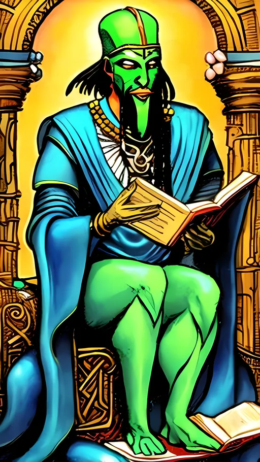 Prompt: Thoth the Atlantean reading a book of his creation.