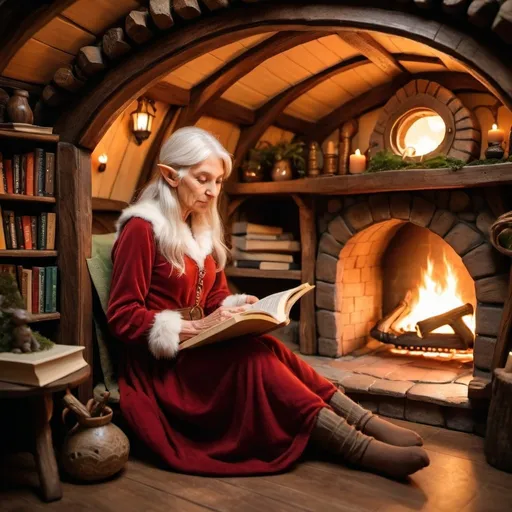 Prompt: ELF OLDER WOMAN READING A BOOK IN A HOBBIT HOUSE WITH A FIREPLACE



