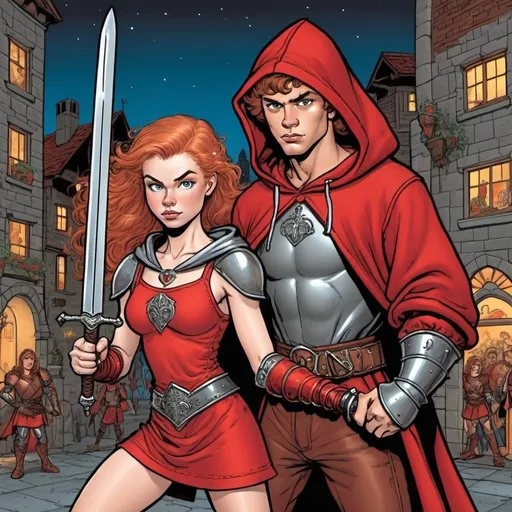 Prompt:  Illustration of Muscled 18 year old Caucasian ginger girl, Gwyned Milweird Aka Milady, wearing red medieval dress and armor, wielding a sword and lean athletic boy  the Mongrel Aka Luca Minnelli 13 year old brown fur were-wolf wearing red hoodie and shorts in modern city at night comic book art in the style of George Perez