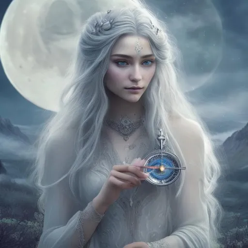 Prompt: Ethereal silver-haired woman holding a compass, moonlight background, ethereal, detailed hair, serene expression, mystical, high quality, moonlit, fantasy, detailed dress, atmospheric lighting, surreal, moonlight glow, silver tones, professional