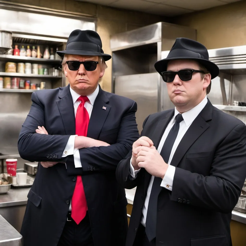 Prompt: Donald Trump as Elwood and J.DJ. Vance as Joliet Jake from the Blues Brothers in the cafe trying to get the band back together
