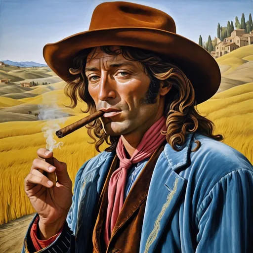 Prompt: Sandro Botticelli style of the stranger from high plains drifter with a cigar, early Renaissance, mythological, linear, vibrant