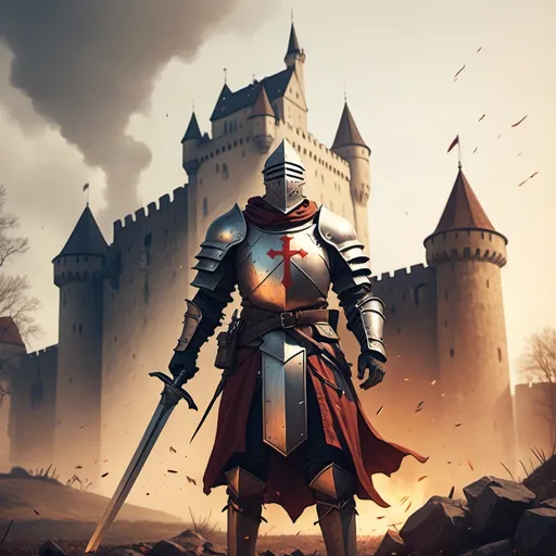 Prompt: Crusader character holding a 2h sword on a battlefield in front of the castle auf der NOXI gemeißelt ist , fantasy character art, illustration, dnd, warm tone