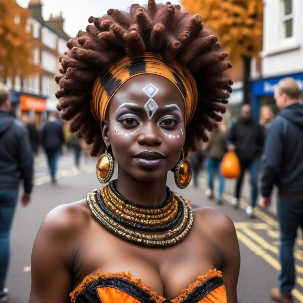 Prompt: Generate a picture of an african lady putting in costume for haloween on 31st October in the street of London