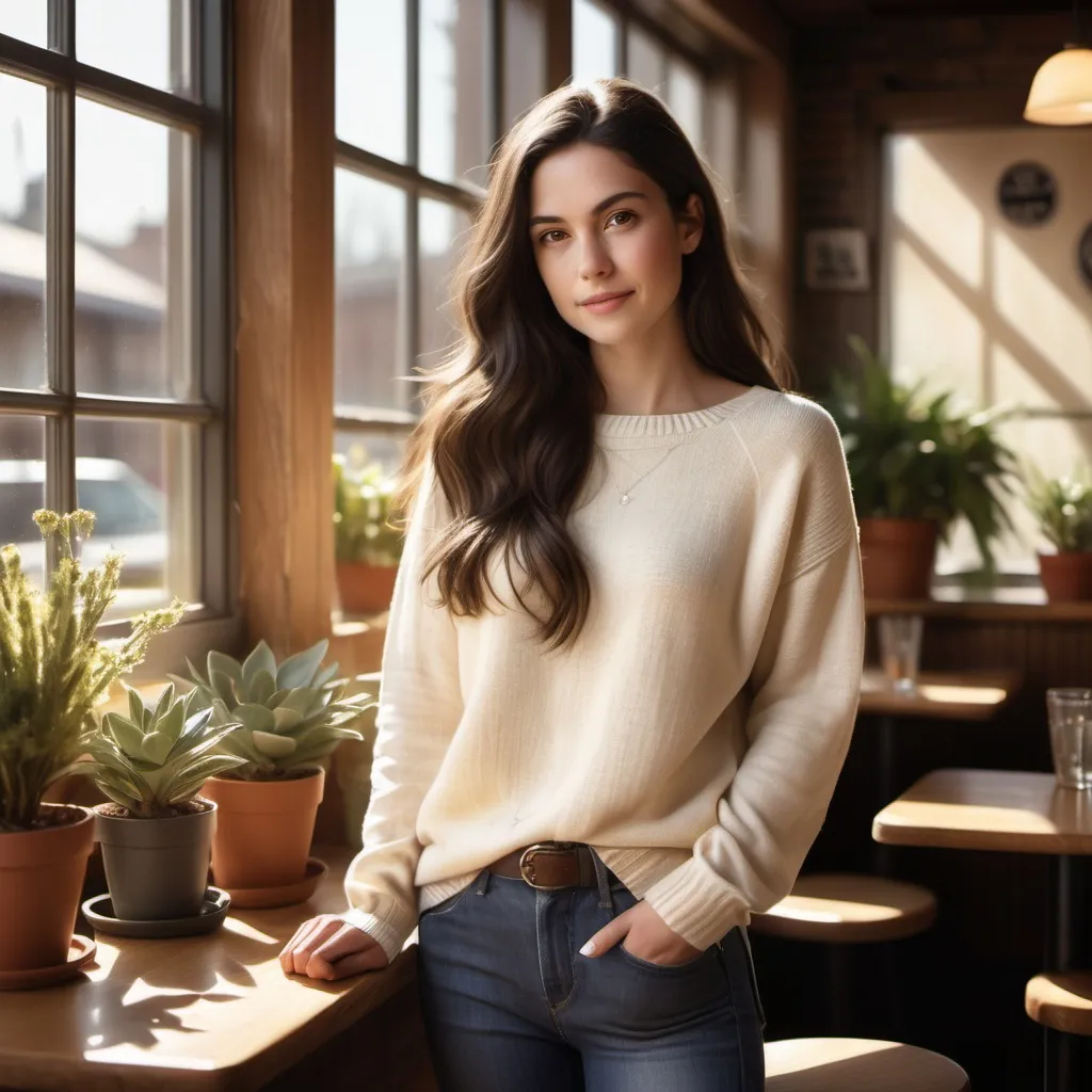 Prompt: Create a portrait of a woman in her late 20s, with long, flowing dark hair and warm brown eyes. She stands in a sunlit café, wearing a casual, stylish outfit—a soft cream sweater and high-waisted jeans. The background features rustic wooden tables and potted plants, while sunlight filters through the large windows, casting gentle shadows. Her expression is thoughtful, with a hint of a smile, as she gazes out the window, lost in a moment of reflection