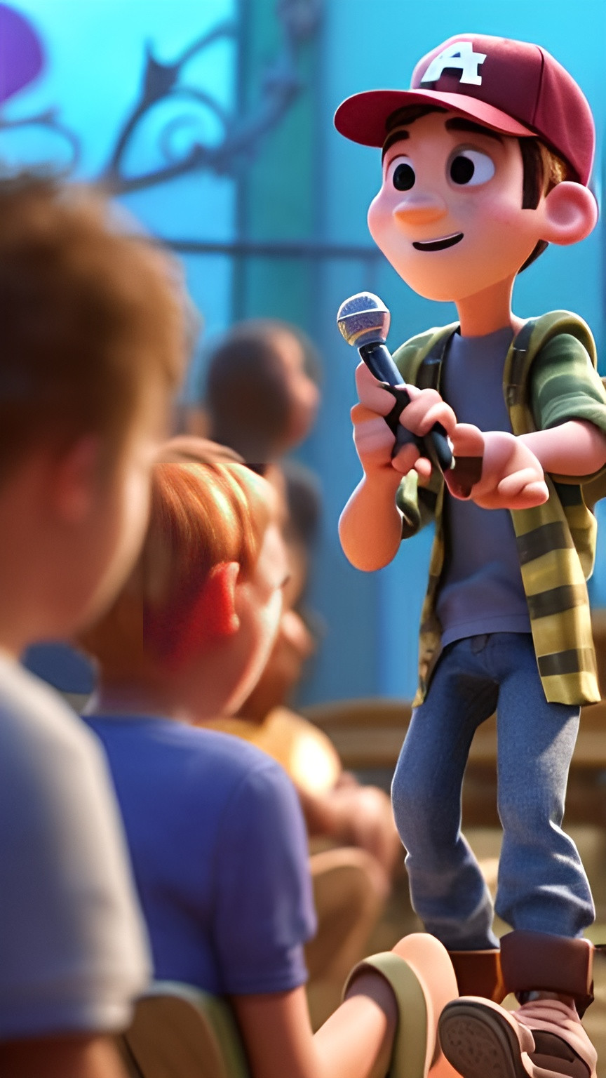 Prompt: 
Create a Pixar Studio-style art promoting youth services on Friday at 6:30 p.m. at River Of Life Church. put a young man preaching in front of a young audience, with a cap, beard and dressed as a young man, using microphone, 
