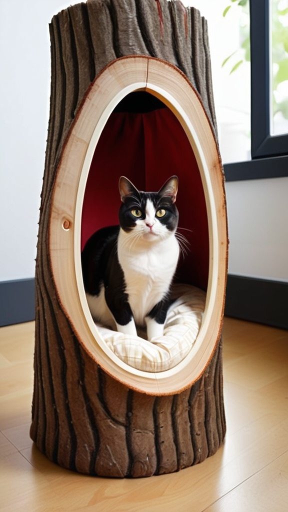 Prompt: Generate a cat bed with a tree trunk as its base