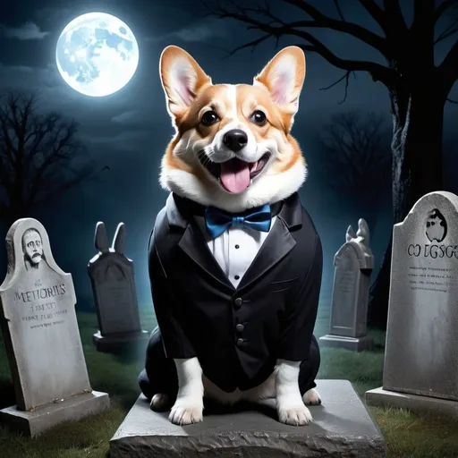 Prompt: Create a floating ghost in a tuxedo with a smiling Corgi head
