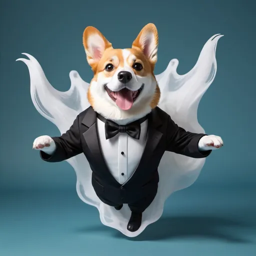 Prompt: Create a floating ghost in a tuxedo with a smiling Corgi head
