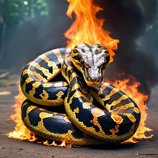 Prompt: A big python that is on fire