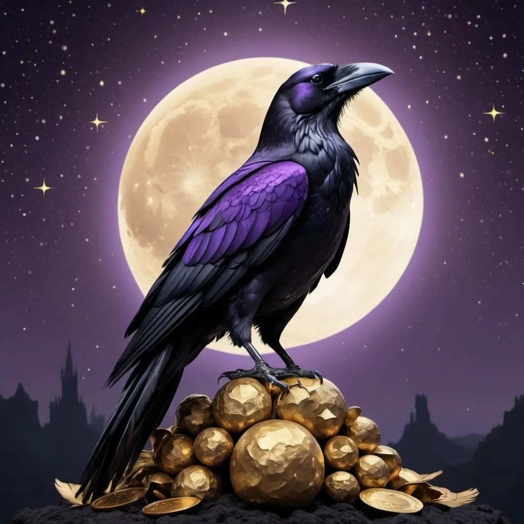 Prompt: Medieval logo featuring a black and purple crow, standing atop a pile of gold with a backdrop of the moon and starry night sky, fantasy style, detailed feathers, majestic stance, high-quality, medieval fantasy, regal colors, atmospheric lighting, detailed gold, mythical, royal purple, professional, fantasy logo