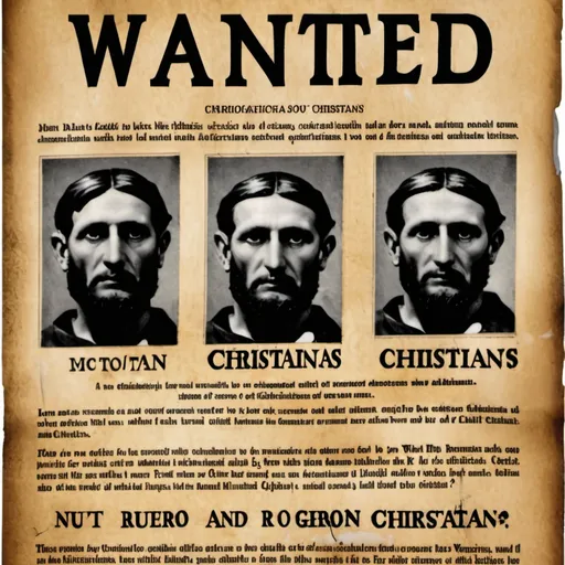 Prompt: Wanted poster to warn romans about catholics and christans