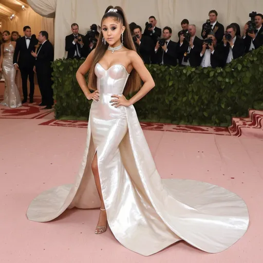 Prompt: Create realistic full body image of Ariana grande with her hair down in a stunning mother of pearl dress with background of met gala photographers 