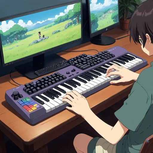 Prompt: 2d studio ghibli anime style, a keyboard and a gaming controller, anime scene