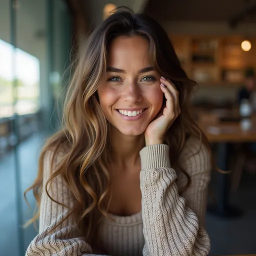 Prompt: I want a passport photo of her facing the camera and litghly smiling