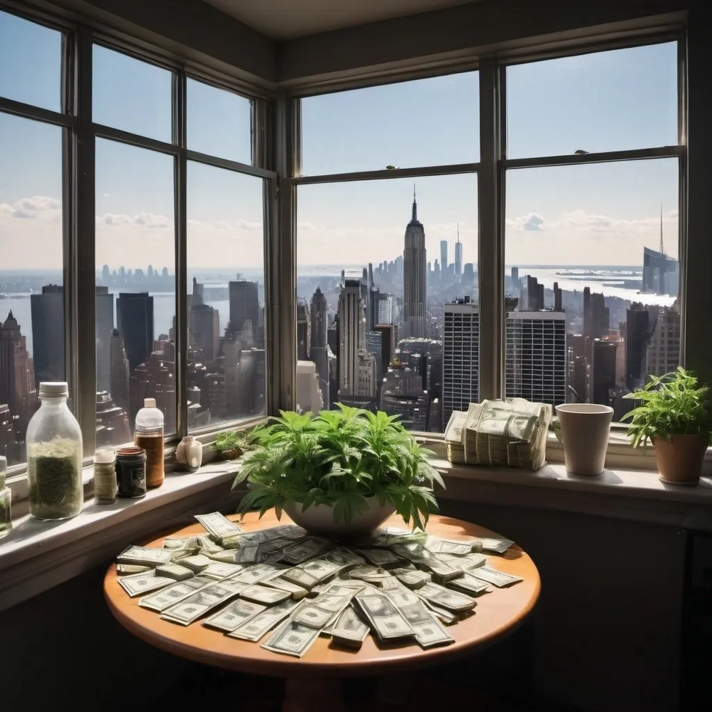 Prompt: a lot of weed in an apartment with big window and the view of new york and a lot of cash at the table
