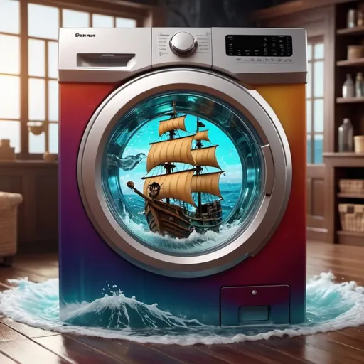 Prompt: (ultra-detailed) front load washing machine with glass door, (miniature) pirate ship sailing on rough, turbulent seas, dynamic waves splashing against the glass, vibrant colors creating a dramatic scene, soft reflections from the machine, cozy ambiance, enticing contrasts between the mechanical appliance and the adventurous pirate world within, (high quality) 4K resolution.