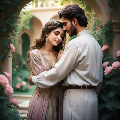 Prompt: (accurately spelled text "مولانا و دختر جوانی") passionately embracing each other, both crying, (romantic atmosphere), deep emotional moment, (soft lighting), blur backgrounds of a lush garden, intricate details in their clothing reflecting classic poetry inspiration, colors: muted pastels, evokes a sense of yearning and creativity, (ultra-detailed), capturing the essence of love and artistry.