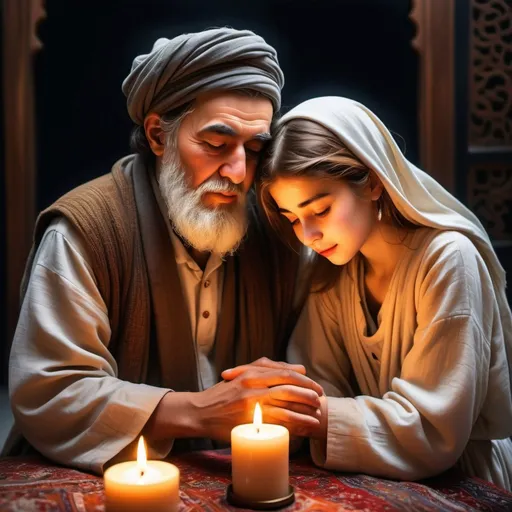 Prompt: The 65-year-old poet Rumi and his 25-year-old daughter, who is a poet like him, hugged each other and shed tears in a sad embrace because of the hard life, the space is dark, which is illuminated by the beautiful light of the poetic candle. , which is tender and sad.