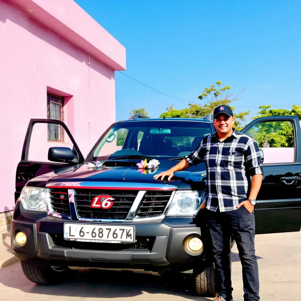 Prompt: The image shows a man standing next to a black SUV. The SUV is parked on a concrete surface with a pink building in the background. The man is wearing a black and white checkered shirt and a black cap. He is holding the door open and appears to be posing for the photo. The car has a red stripe on the front grille and the license plate reads "L6". There are also some decorative items on the hood of the car. The sky is blue and there are trees in the distance.