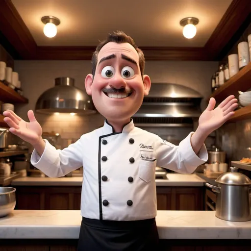 Prompt: a restaurant chef welcoming you to enter. use a Pixar person