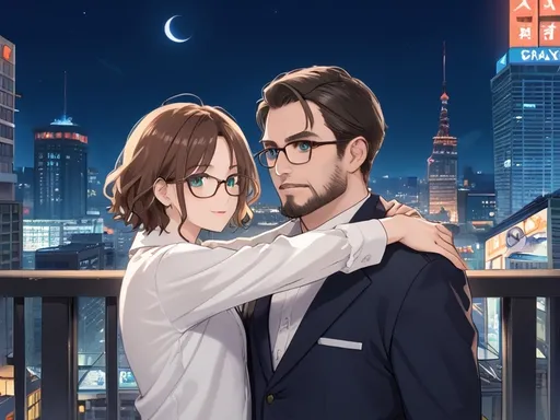 Prompt: Anime style, a man and woman are posing for a picture together in a city square at night time, with a man with a beard and glasses on his shoulder, Aramenta Dianthe Vail, incoherents, f / 3 2, a stock photo