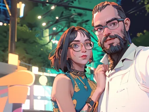 Prompt: a man and woman are posing for a picture together in a city square at night time, with a man with a beard and glasses on his shoulder, Aramenta Dianthe Vail, incoherents, f / 3 2, a stock photo